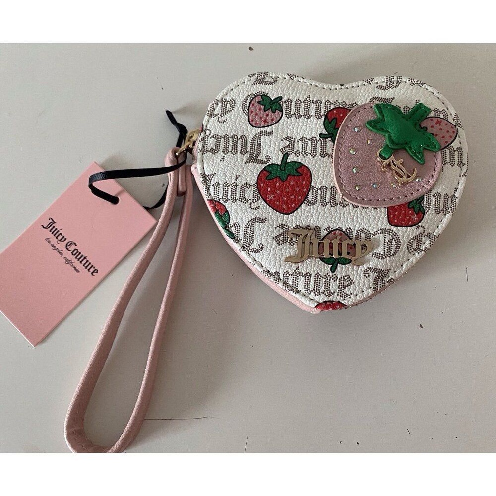 Juicy Couture Freshly Picked Heart Zip Around‎ Wristlet Pecan White Pink NEW